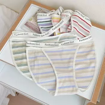 Женское нижнее белье с вырезом на талии, женские трусы, тонкие антибактериальные трусики в полоску в стиле пэчворк M