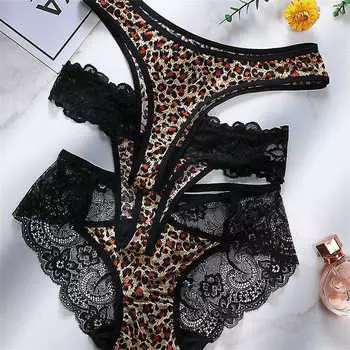 Женское нижнее белье с заниженной талией Т-образные трусики с леопардовым принтом эластичные Т-образные трусики с ажурной дышащей кружевной отделкой S