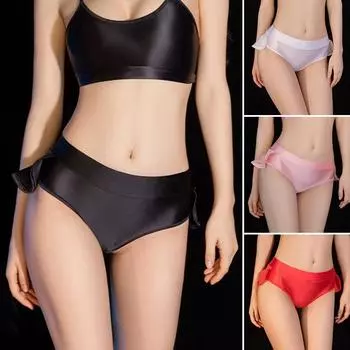 Женское нижнее белье со средней талией, блестящее, экзотическое, сексуальное, с высокой резинкой