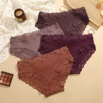 Женское нижнее белье Удобные трусы Сексуальное дышащее нижнее белье Трусы средней талии с кружевной отделкой Женские однотонные хлопковые треугольные трусики с нитками S