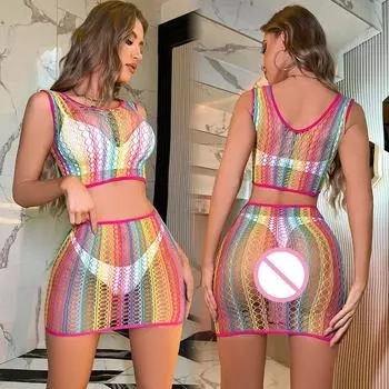 Женское нижнее белье в радужную сетку, пляжная одежда, сексуальное ажурное сетчатое платье, эротическое прозрачное облегающее мини-платье XXS