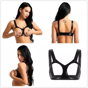 Женское нижнее белье Wetlook из искусственной кожи без рукавов с открытыми чашками, бюстгальтер, нижнее белье, жилет, укороченные топы на бретелях S чёрный