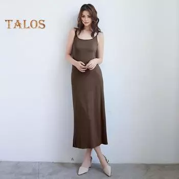 Женское нижнее платье с круглым вырезом, свободное однотонное эластичное длинное платье без рукавов с открытой спиной и подтяжками, домашнее повседневное платье миди для спальни L бежевый