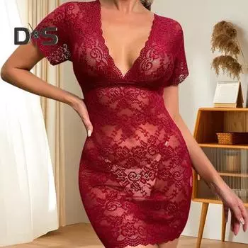 Женское ночное платье из прозрачного кружева, облегающее, тонкое, с коротким рукавом, глубоким вырезом, V-образным вырезом, цветочной вышивкой, чистого цвета, соблазнительная мини-ночная рубашка L розовый