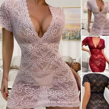 Женское ночное платье, прозрачное кружевное платье, облегающее, тонкое, с коротким рукавом, с глубоким вырезом, V-образным вырезом, цветочная вышивка, чистый цвет L чёрный