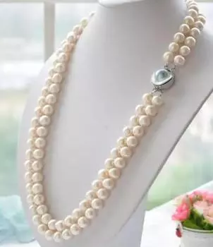 Женское новое 2-рядное белое круглое белое жемчужное ожерелье 9-10 мм