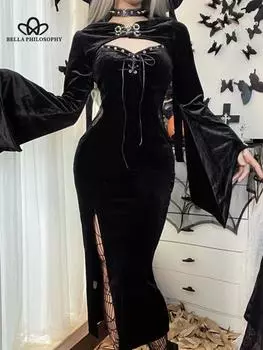 Женское новое черное платье с капюшоном, новое женское платье на Хэллоуин с расклешенными рукавами и длинными рукавами, модное женское платье S чёрный