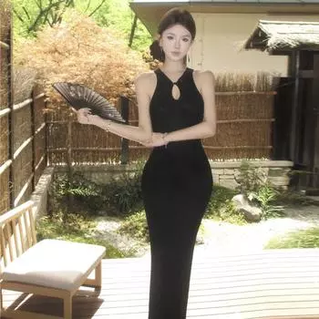 Женское новое китайское чистое желание без рукавов тонкое трикотажное платье женское one size fits all чёрный