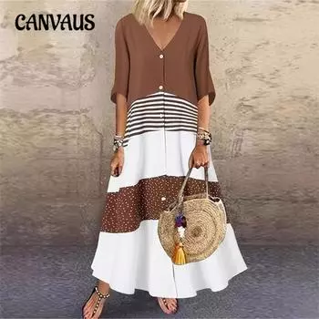 Женское новое летнее длинное платье-пуловер с V-образным вырезом и короткими рукавами в стиле колор-блок S чёрный