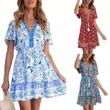 Женское новое летнее модное плиссированное платье с коротким рукавом с v-образным вырезом и поясом M зелёный