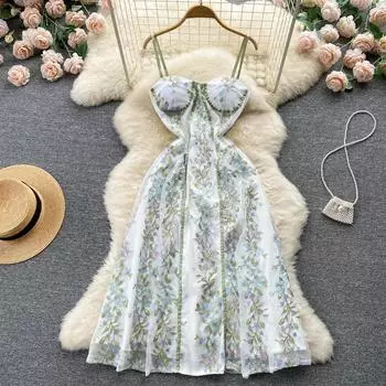 Женское новое летнее модное сексуальное платье на тонких бретельках для банкета, вечерние платья, роскошное сетчатое платье с вышивкой и цветком, пляжные праздничные платья S зелёный