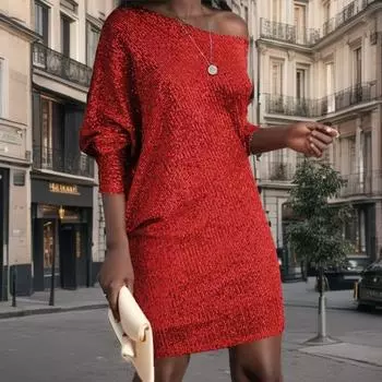 Женское новое модное однотонное платье с разрезом на плече, с длинным рукавом, короткое платье с пайетками, платья S чёрный