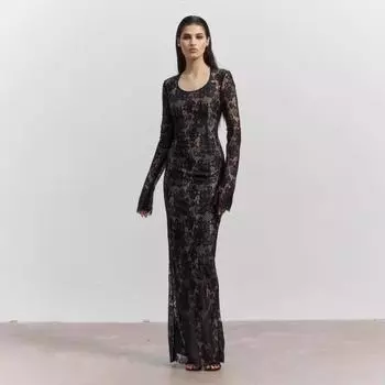 Женское новое модное сексуальное кружевное платье с U-образным вырезом и длинным рукавом с разрезом Spice Girl S чёрный