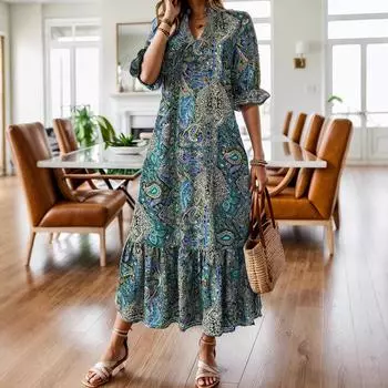 Женское новое модное сексуальное платье с V-образным вырезом и длинными рукавами на шнуровке, длинное повседневное свободное платье в стиле бохо 1XL красный