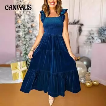 Женское новое однотонное бархатное платье с квадратным вырезом и деревянными ушками сбоку, длинное платье А-силуэта S темно-зеленого