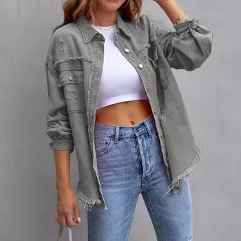 Женское новое однотонное пальто весна-лето средней длины с дырками и длинными рукавами из денима S китайские фиолетовый