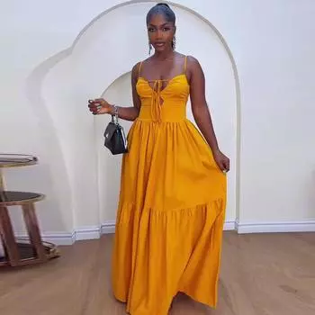 Женское новое однотонное платье с открытыми плечами и подтяжками, вечернее платье, большое свободное платье для женщин S оранжевый