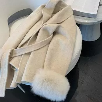 Женское новое осенне-зимнее универсальное твидовое пальто-накидка с поясом, свободное, модное, элегантное, с манжетами из лисьего меха, пальто средней длины S серый