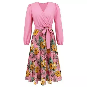 Женское новое осеннее модное облегающее платье с V-образным вырезом и принтом, плиссированное платье с длинными рукавами S