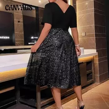 Женское новое платье Messy Dot Hot Silver с V-образным вырезом и короткими рукавами, платье А-силуэта, платья большого размера, среднего размера L чёрный