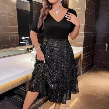 Женское новое платье Messy Dot Hot Silver с V-образным вырезом и короткими рукавами, платье А-силуэта, платья большого размера, среднего размера L чёрный