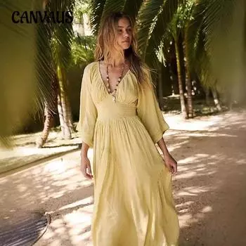 Женское новое пляжное платье с V-образным вырезом и рукавами средней длины, облегающее, модное, универсальное, повседневное, однотонное платье S жёлтый