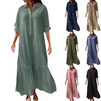 Женское новое повседневное длинное платье из хлопка и льна с коротким рукавом и нестандартной рубашкой на пуговицах M хаки