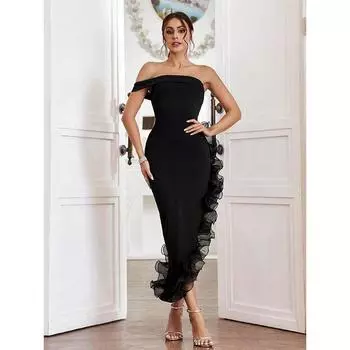 Женское новое сексуальное платье с открытыми плечами и оборками, облегающее бедра S чёрный