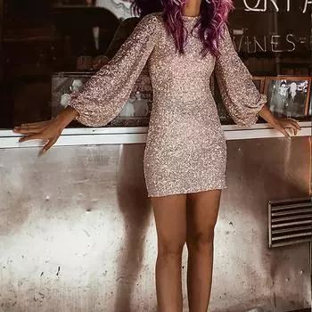 Женское новое стильное платье с блестками и рукавами-фонариками, круглым вырезом, сексуальное, облегающее бедра S белый