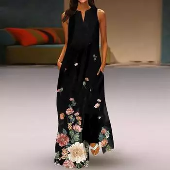 Женское новое весенне-летнее модное классическое длинное платье без рукавов с цветным принтом и v-образным вырезом S чёрный