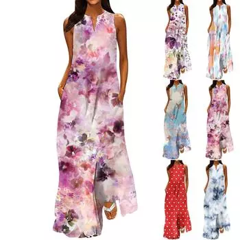 Женское новое весенне-летнее модное классическое длинное платье без рукавов с цветным принтом и v-образным вырезом XXL фиолетовый