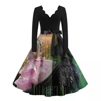 Женское облегающее элегантное платье-халат с V-образным вырезом и высокой талией с принтом ведьмы и длинными рукавами L армия зеленый