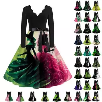 Женское облегающее элегантное платье-халат с V-образным вырезом и высокой талией с принтом ведьмы и длинными рукавами L армия зеленый