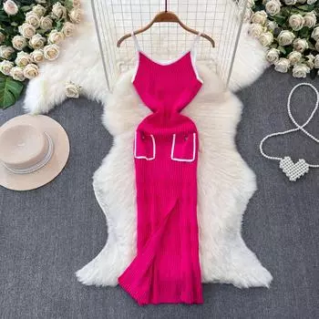 Женское облегающее длинное платье контрастного цвета с вырезом на спине, корейское модное трикотажное платье на бретельках для девочек, элегантное летнее One Size розовый