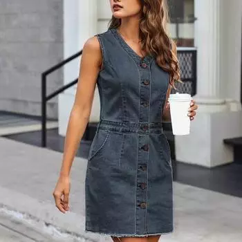 Женское облегающее джинсовое платье без рукавов, повседневное мини-джинсовое платье с V-образным вырезом и пуговицами, летнее платье-комбинезон с карманами S синий