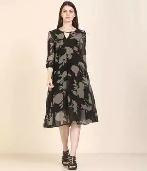 Женское облегающее и расклешенное черное платье нарядная одежда миди с принтом платье курти топ туника этнический XS чёрный