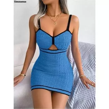 Женское облегающее мини-платье из ребристого трикотажа с сексуальным вырезом и V-образным вырезом на тонких бретельках, облегающее платье-футляр Y2K Streetwear, платье для ночного клуба S
