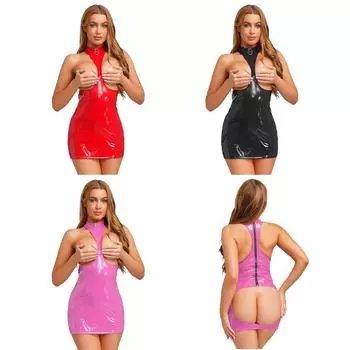 Женское облегающее мини-платье с мокрым эффектом, акцентом на груди, акцентом на ягодицах, прозрачными вырезами, из лакированной кожи, для свиданий S