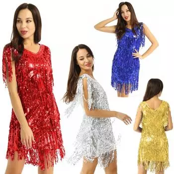 Женское облегающее мини-платье с v-образным вырезом и блестками, кисточками для бальных танцев, самбы, танго, платье для латинских танцев, клубная одежда M чёрный