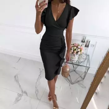 Женское облегающее мини-платье с v-образным вырезом и рюшами, женское коктейльное платье с коротким рукавом S чёрный