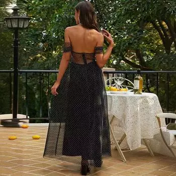 Женское облегающее модное черное платье-труба в сеточку в горошек с принтом принцессы, темпераментное платье S чёрный