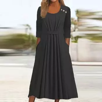 Женское облегающее однотонное элегантное платье с рукавами-семью и круглым вырезом L чёрный