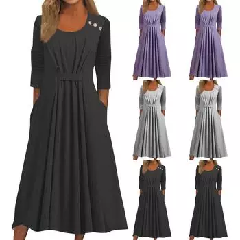 Женское облегающее однотонное элегантное платье с рукавами-семью и круглым вырезом L чёрный