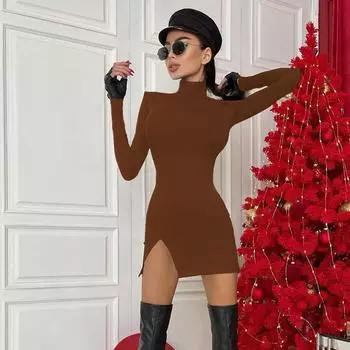 Женское облегающее однотонное черное мини-платье с длинными рукавами на весну и осень, женская одежда, уличная одежда S чёрный