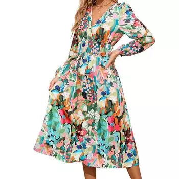 Женское облегающее платье 2025 года с принтом и длинными рукавами S