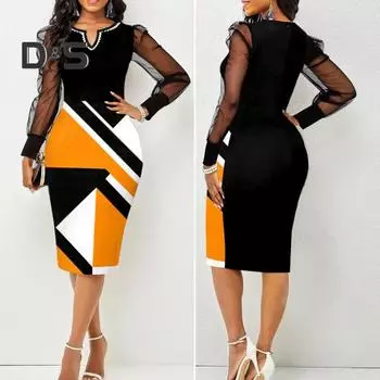 Женское облегающее платье, элегантное платье с цветочным принтом и v-образным вырезом, кружевное лоскутное платье с рукавами, тонкое рабочее платье, потрясающее платье на бедрах 2XL чёрный