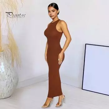 Женское облегающее платье без рукавов с круглым вырезом Тип жилета Чистый цвет Высокая эластичность Slim Fit Оболочка Длина до щиколотки Клубное вечернее платье макси L чёрный