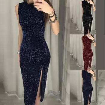 Женское облегающее платье без рукавов с блестками, вечернее платье макси, свадебное платье для выпускного вечера XL чёрный
