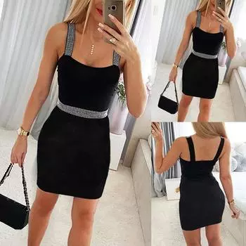 Женское облегающее платье без рукавов с блестками, женское черное вечернее платье, мини-платье, сарафан S чёрный