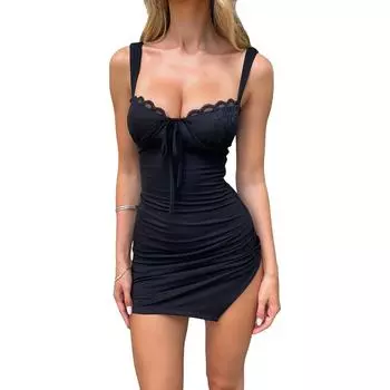 Женское облегающее платье без рукавов с кружевной отделкой, летнее мини-платье с разрезом и рюшами для коктейля, ночного клуба, пляжа M чёрный